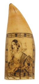 SCRIMSHAW WHALE'S TOOTH ATTRIBUTED TO THE EAGLE PORTRAITIST 19th Century Length 5.5".