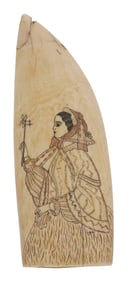 POLYCHROME SCRIMSHAW WHALE'S TOOTH ATTRIBUTED TO CAPTAIN BENJAMIN BLOSSOM 19th Century Length 5.5".