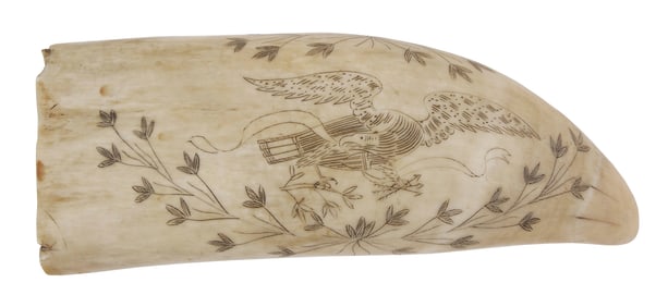 SCRIMSHAW WHALE'S TOOTH WITH PATRIOTIC EMBLEMS 19th Century Length 6.25".