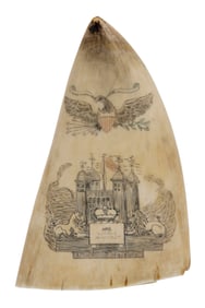 POLYCHROME SCRIMSHAW WHALE'S TOOTH WITH INTERESTING ANGLO-AMERICAN MOTIFS 19th Century Length 5.75".