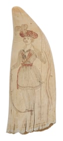 LARGE POLYCHROME SCRIMSHAW WHALE'S TOOTH WITH FIGURAL PORTRAITS, ONE OF FANNY CAMPBELL Mid-19th