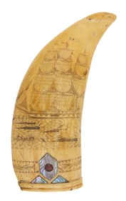 OUTSTANDING INLAID AND SCRIMSHAW WHALE'S TOOTH WITH WHALING SCENE Circa 1835-1850 Length 6".