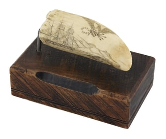 SCRIMSHAW WHALE'S TOOTH WITH MARITIME SCENES 19th Century Length 5". On wood stand.
