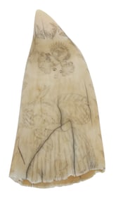 SCRIMSHAW WHALE'S TOOTH ATTRIBUTED TO WILLIAM SIZER Circa 1835 Length 5.25".