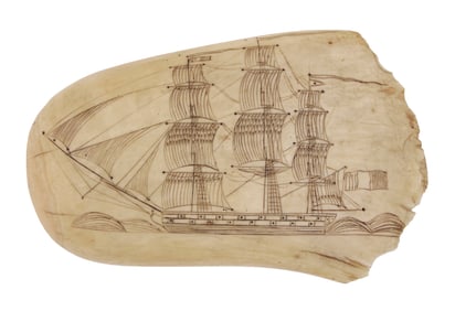 SCRIMSHAW WHALE'S TOOTH WITH SHIP PORTRAITS 19th Century Length 5".