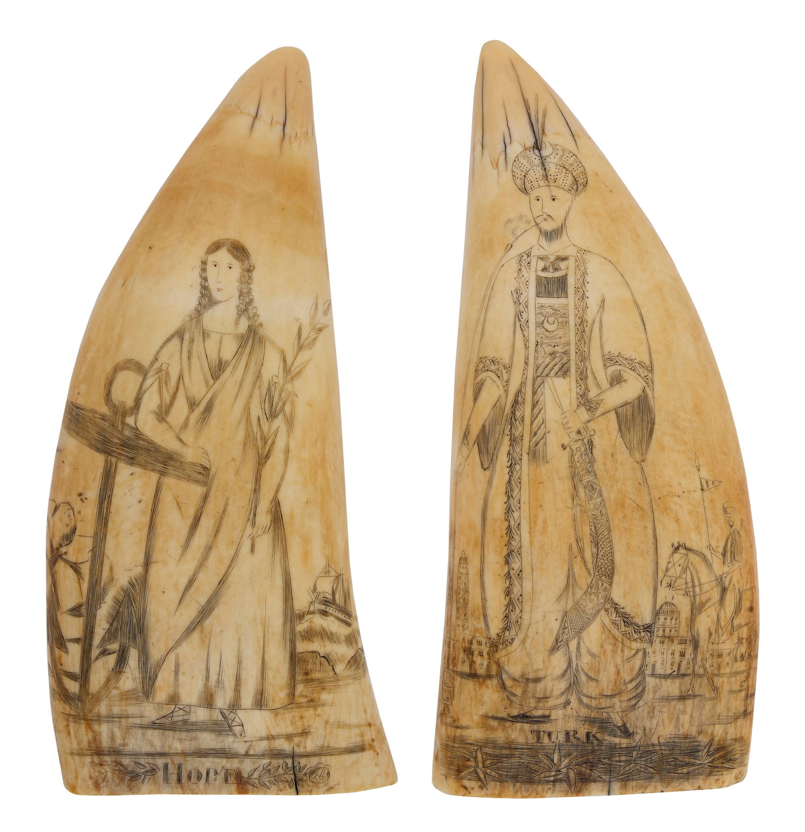 MATCHED PAIR OF SCRIMSHAW WHALE'S TEETH WITH EXOTIC PORTRAITS 19th Century Lengths approx. 5.75".: MATCHED PAIR OF SCRIMSHAW WHALE'S TEETH WITH EXOTIC PORTRAITS 19th Century One tooth depicts Hope on the obverse and a ship caught in a fierce storm on the reverse. Hope, dressed in robes, is standing