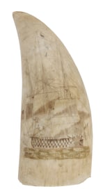 POLYCHROME SCRIMSHAW WHALE'S TOOTH DEPICTING A SHIP OF THE LINE 19th Century Length 6".