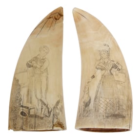 PAIR OF SCRIMSHAW WHALE'S TEETH ATTRIBUTED TO THE JUVENILE THEATER ENGRAVER Circa 1830 Lengths