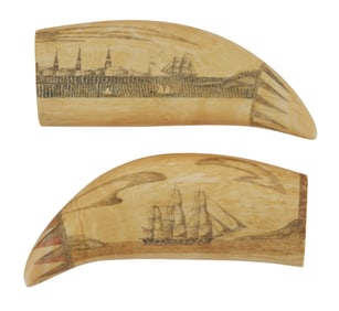 PAIR OF POLYCHROME SCRIMSHAW WHALE'S TEETH WITH RARE VOLCANO SCENE Mid-19th Century Lengths 7".