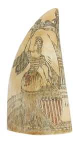 POLYCHROME SCRIMSHAW WHALE'S TOOTH OF LADY LIBERTY ATTRIBUTED TO SAMUEL W. TENNEY, THE "KING OF THE
