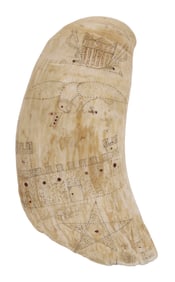 POLYCHROME SCRIMSHAW WHALE'S TOOTH WITH PATRIOTIC IMAGERY 19th Century Length 6.5".