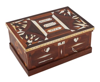 FINE INLAID PRESENTATION SEWING BOX Dated 1849 Height 4.75". Width 9.75". Depth 6".