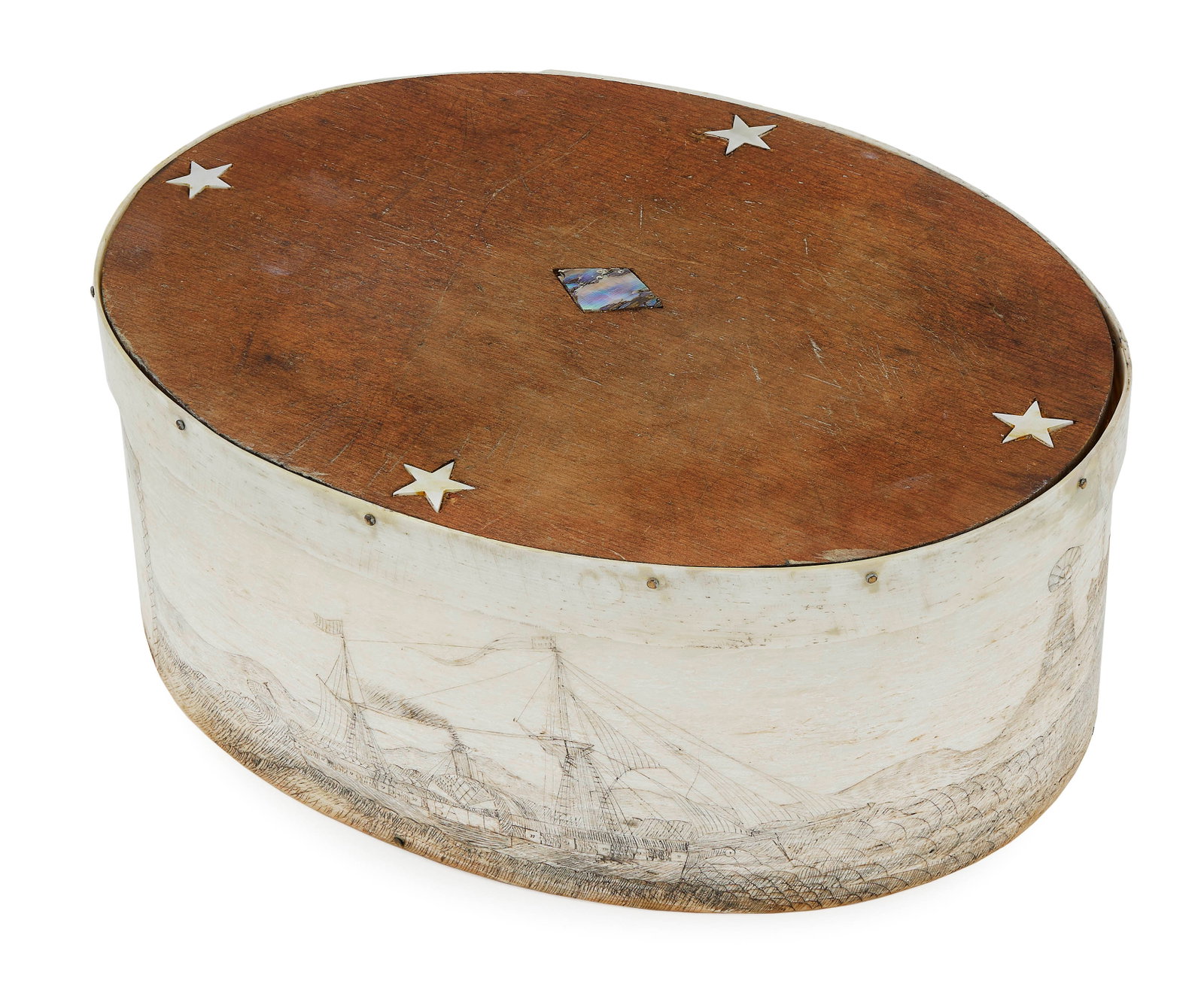SCRIMSHAW WHALEBONE DITTY BOX 19th Century Height 3.5". Length 9". Width 6.5".: SCRIMSHAW WHALEBONE DITTY BOX 19th Century Panoramic coastal scene with several vessels, notably the sidewheel steamer Ball, wraps around the circumference of the box, interrupted by a whaling scene v
