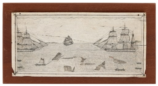 EXCEPTIONAL POLYCHROME SCRIMSHAW PANBONE PLAQUE WITH WHALING SCENE Circa 1840 Panbone 8" x 14.25".