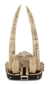 IMPRESSIVE SCRIMSHAW MANTEL ORNAMENT BY THE FANNING ISLAND ARTIST Mid-19th Century Total height 24".