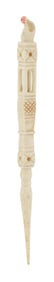 FINE CARVED AND POLYCHROMED WHALEBONE BODKIN Mid-19th Century Length 5.5".