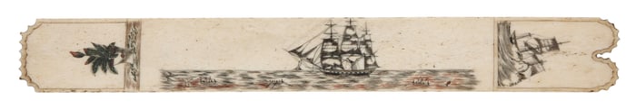POLYCHROME SCRIMSHAW WHALEBONE BUSK BY THE NAVAL ENGAGEMENT ARTIST Circa 1840 Length 13.75".