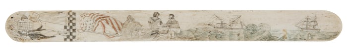 POLYCHROME SCRIMSHAW BUSK CHRONICLING A SHIPWRECK AND LOVE STORY Mid-19th Century Length 12".