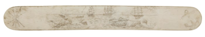 SCRIMSHAW WHALEBONE BUSK WITH WHALING SCENE Circa 1850 Length 14".