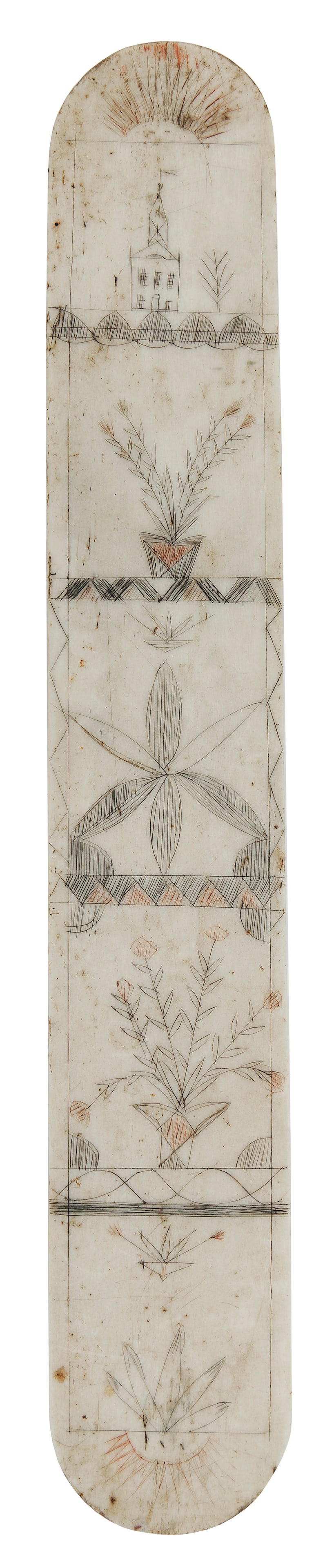 POLYCHROME SCRIMSHAW WHALEBONE BUSK 19th Century Length 10.25".: POLYCHROME SCRIMSHAW WHALEBONE BUSK 19th Century Depicts sun rays, a church, potted plants around a hex design. Length 10.25".