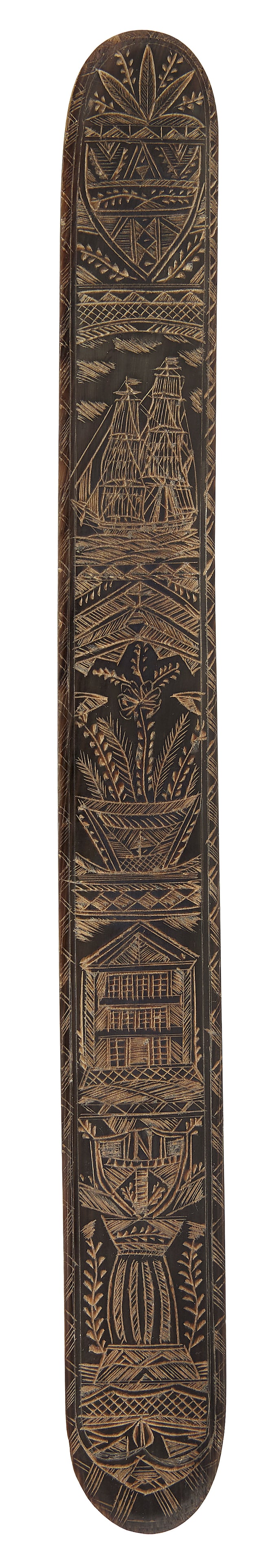 SCRIMSHAW BALEEN BUSK 19th Century Length 12".: SCRIMSHAW BALEEN BUSK 19th Century Depicts a shield, a ship, a potted plant, a building and a pedestal. Reverse marked "Martha S Willard". Length 12".