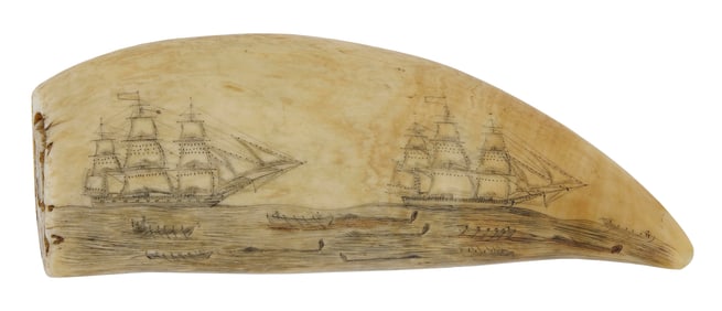 POLYCHROME SCRIMSHAW WHALE'S TOOTH WITH HARBOR AND WHALING SCENES America, Mid-19th Century Length