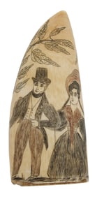 POLYCHROME SCRIMSHAW WHALE'S TOOTH WITH FIGURAL PORTRAITS 19th Century Length 5.25".