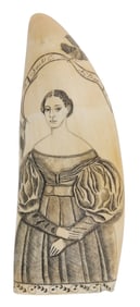 SCRIMSHAW WHALE'S TOOTH WITH LADY PORTRAIT Mid- to Late 19th Century Length 7".