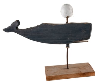 CARVED WOODEN SPERM WHALE WEATHER VANE First Half of the 20th Century Total height 22". Length 30".