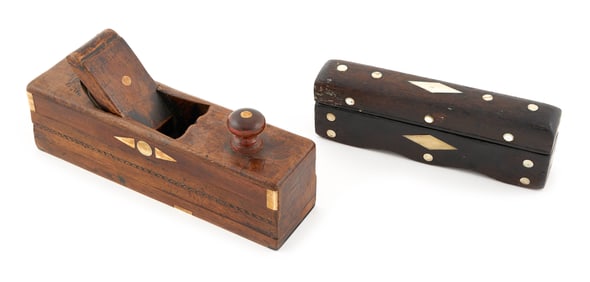 INLAID WHETSTONE CASE AND A CARPENTER'S PLANE 19th Century Lengths 8.75" and 10.5".