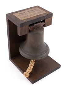 BELL FROM THE WHALING BARK "MILWOOD" Mid-19th Century Total height 11.5". Width 7.75". Depth 9".