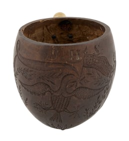 COCONUT SHELL DIPPER BOWL CARVED WITH PATRIOTIC MOTIFS 19th Century Height 3.5".