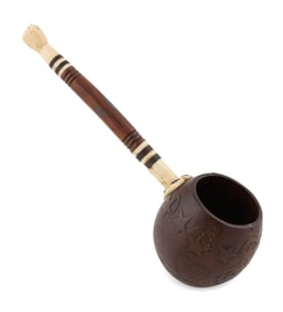CARVED COCONUT SHELL DIPPER WITH WHALEBONE AND EXOTIC WOOD HANDLE 19th Century Length 14".