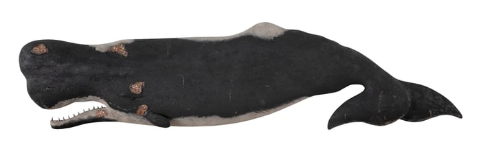ROGER MITCHELL CARVED WOODEN SPERM WHALE PLAQUE Kingston, Massachusetts, Contemporary Length 40".