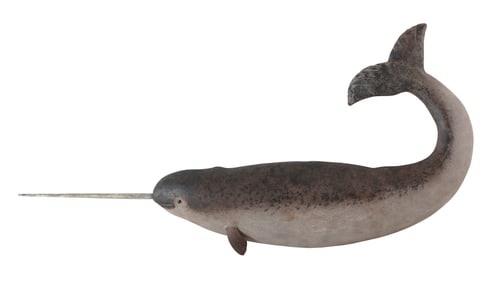 ROGER MITCHELL CARVED WOODEN NARWHAL PLAQUE Kingston, Massachusetts, Contemporary Length 32".