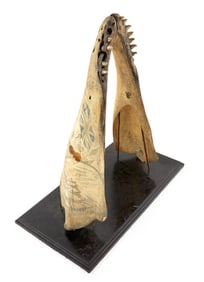 POLYCHROME SCRIMSHAW BLACKFISH JAWBONE Mid-19th Century Total height 19.25".