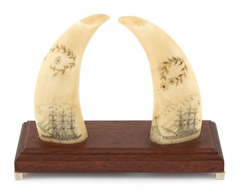 PAIR OF POLYCHROME SCRIMSHAW WHALE'S TEETH WITH AMERICAN SHIP PORTRAITS 19th Century Teeth lengths
