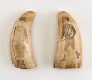 PAIR OF POLYCHROME SCRIMSHAW WHALE'S TEETH DEPICTING YOUNG BOYS 19th Century Lengths approx. 4.75".