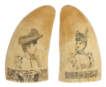 PAIR OF SCRIMSHAW WHALE'S TEETH WITH LADY PORTRAITS 19th Century Lengths 5.75".