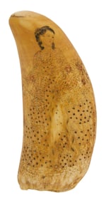 POLYCHROME SCRIMSHAW WHALE'S TOOTH WITH PORTRAITS OF VICTORIAN WOMEN 19th Century Length 6.5".