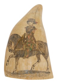 POLYCHROME SCRIMSHAW WHALE'S TOOTH WITH HORSE AND RIDER 19th Century Length 6.25".