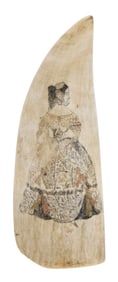 POLYCHROME SCRIMSHAW WHALE'S TOOTH 19th Century Length 7.75".
