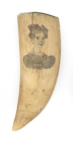 SCRIMSHAW WHALE'S TOOTH WITH FINE BUST PORTRAITS Mid-19th Century Length 6".