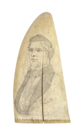 SCRIMSHAW WHALE'S TOOTH WITH PORTRAIT OF W.J. FLORENCE Mid-19th Century Length 5.75".