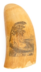 SCRIMSHAW WHALE'S TOOTH WITH FIGURAL SCENES Mid-19th Century Length 6".