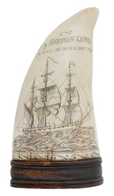 SCRIMSHAW WHALE'S TOOTH WITH NAUTICAL MOTIFS Mid- to Late 19th Century Total height 5.25".