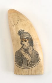 SCRIMSHAW WHALE'S TOOTH WITH FIGURAL PORTRAITS Mid-19th Century Length 7".