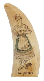 POLYCHROME SCRIMSHAW WHALE'S TOOTH WITH FEMALE FIGURAL PORTRAITS 19th Century Length 5".