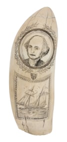 SCRIMSHAW WHALE'S TOOTH WITH WASHINGTON PORTRAIT AND OTHER PATRIOTIC VIGNETTES Mid-19th Century