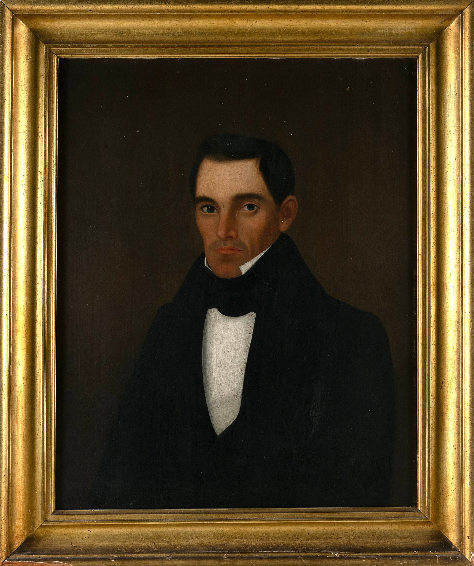 AMERICAN SCHOOL (19th Century,), Portrait of John Bridger Coffin., Oil on wood panel, 30.5" x: AMERICAN SCHOOL 19th Century Portrait of John Bridger Coffin. Unsigned. Oil on wood panel, 30.5" x 23.75". Framed 36.5" x 30.5". Provenance: A Historic Nantucket Collection, from a direct descendant o